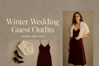 Elegant woman in a burgundy velvet midi dress with a faux fur stole for a winter wedding