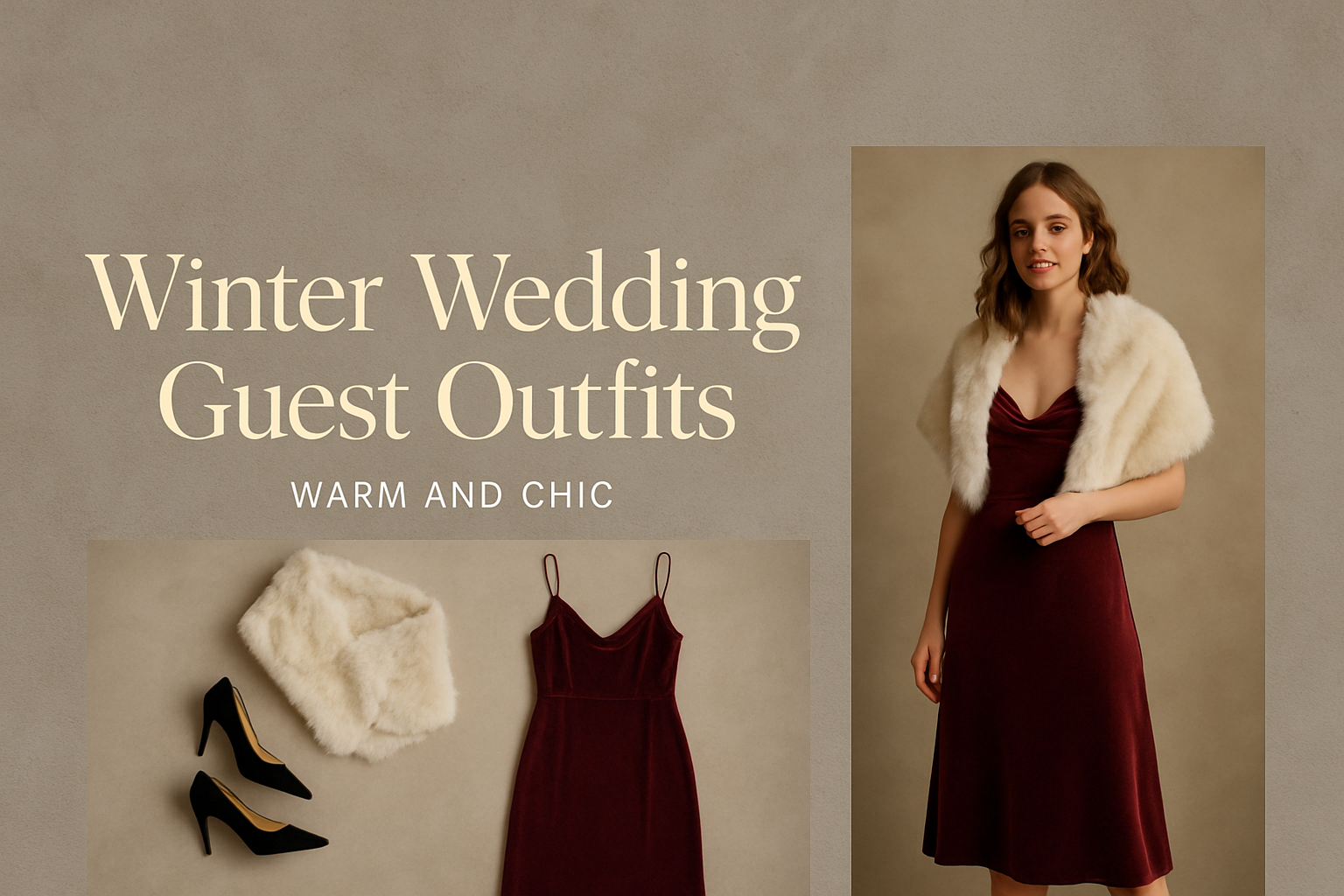 Elegant woman in a burgundy velvet midi dress with a faux fur stole for a winter wedding