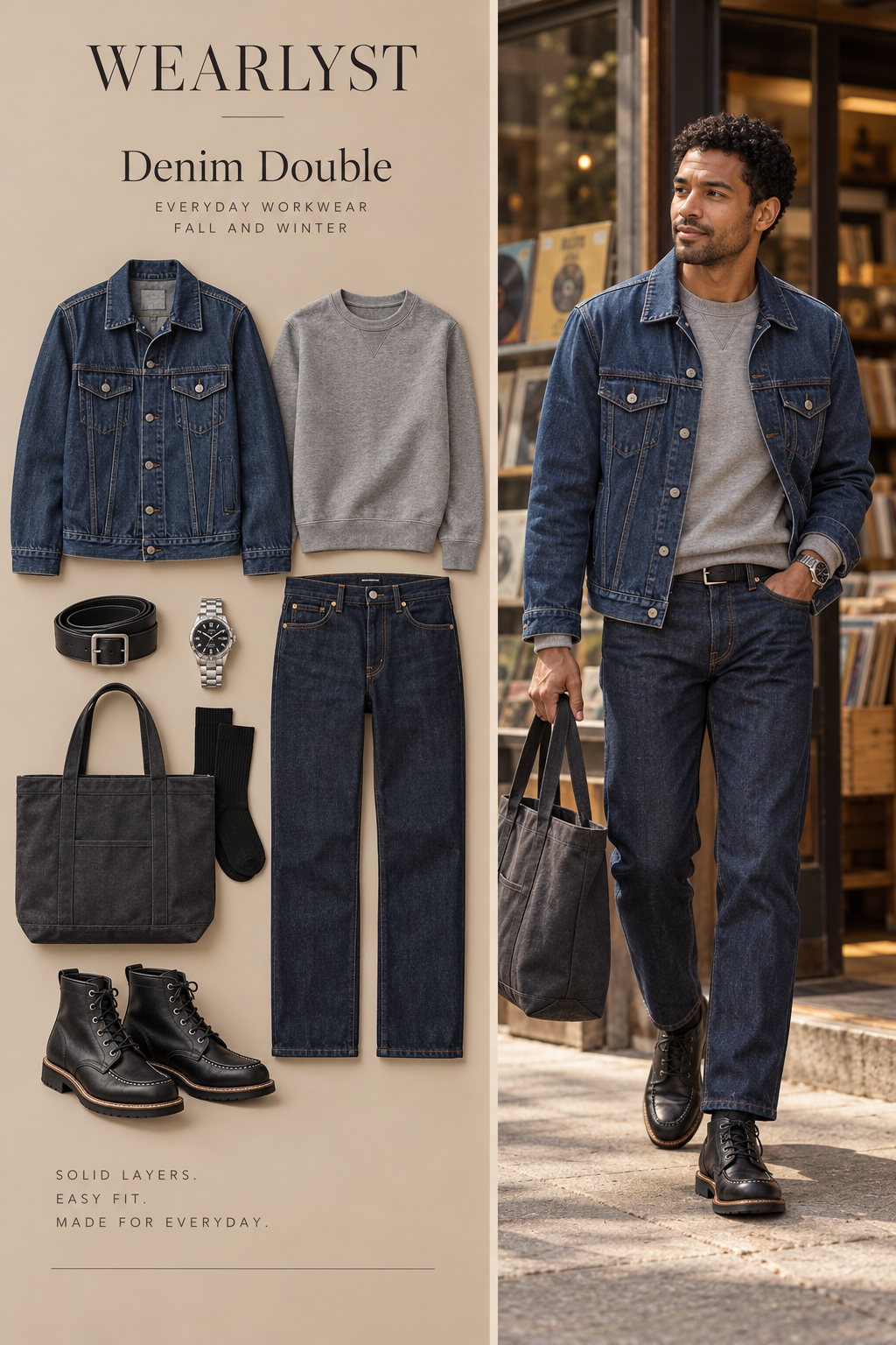 Denim Double workwear outfit for men with mid-indigo denim trucker jacket and gray cotton sweatshirt
