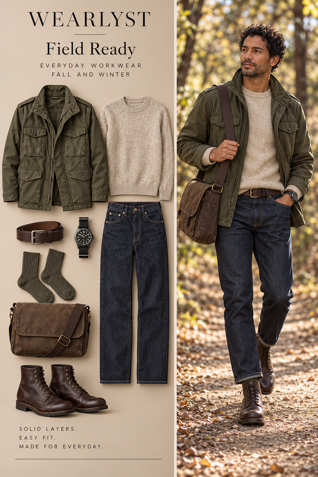 Field Ready workwear outfit for men with olive cotton M-65 field jacket and oatmeal wool crewneck sweater