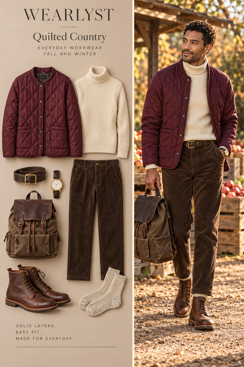 Quilted Country workwear outfit for men with burgundy quilted nylon liner jacket and cream wool turtleneck