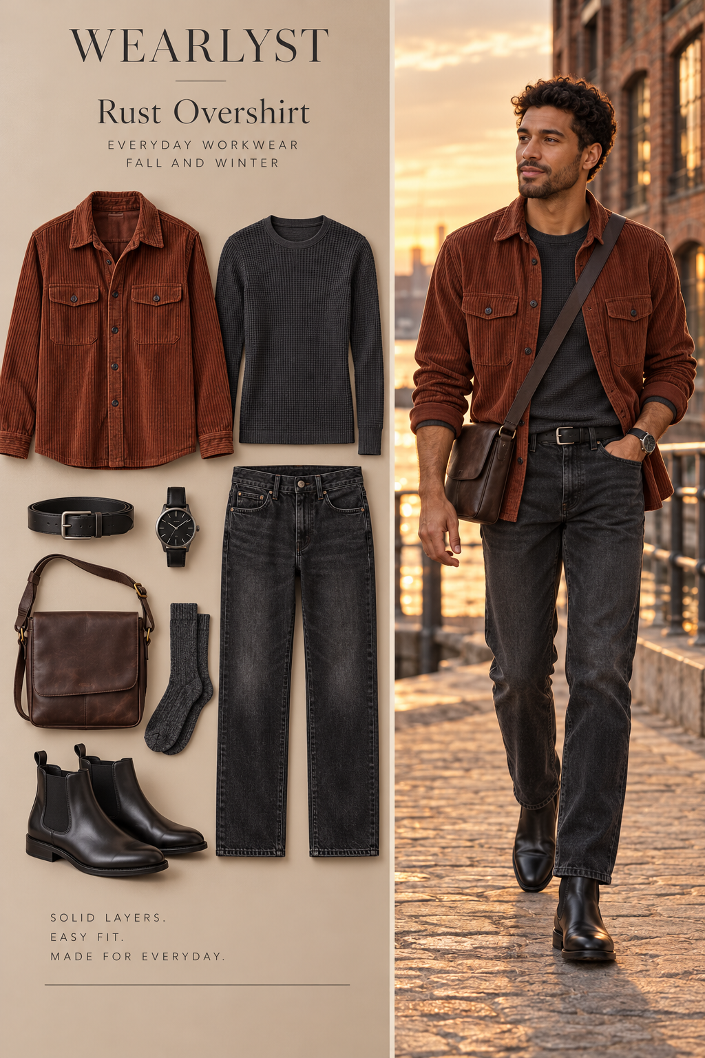 Rust Overshirt workwear outfit for men with rust corduroy overshirt and charcoal cotton thermal shirt
