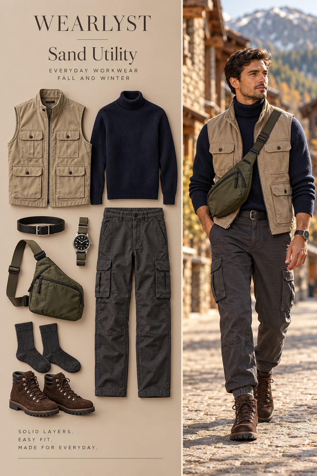 Sand Utility workwear outfit for men with sand cotton canvas utility vest and navy wool roll-neck sweater