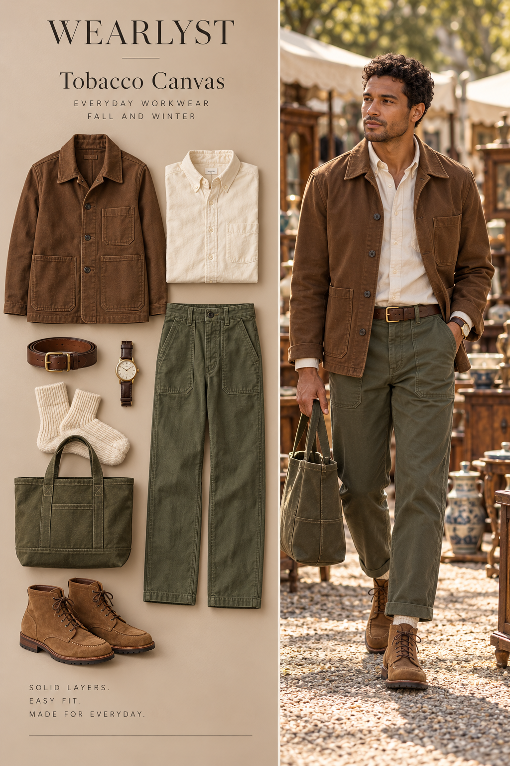 Tobacco Canvas workwear outfit for men with tobacco cotton canvas work jacket and ecru cotton Oxford shirt